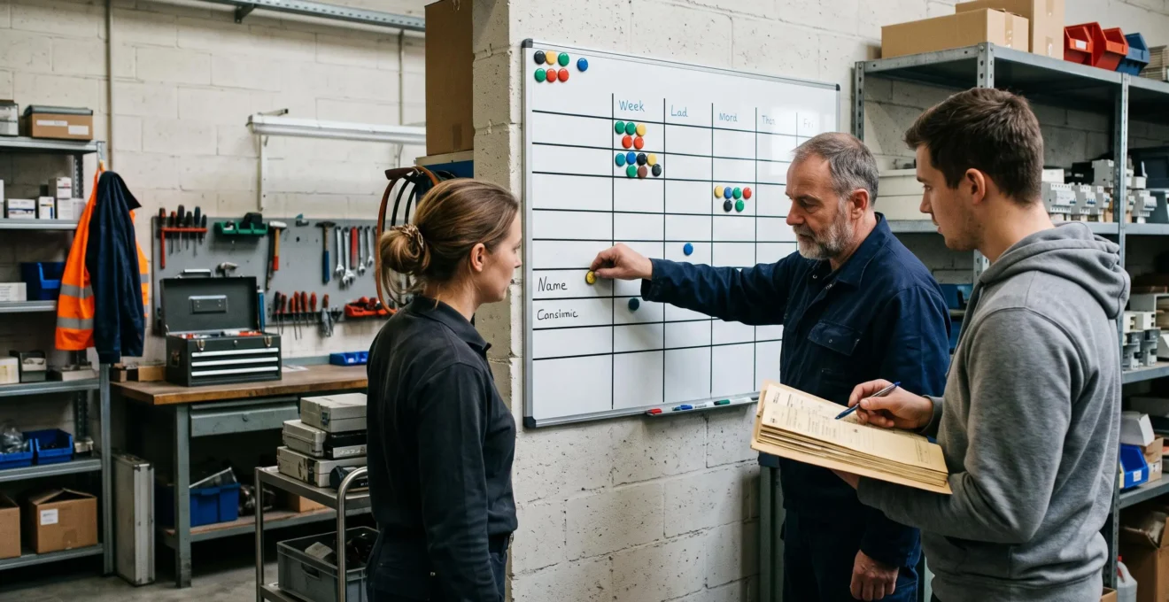 Trois employés d'une petite entreprise belge réorganisent les interventions sur un planning mural après l'absence d'un technicien.