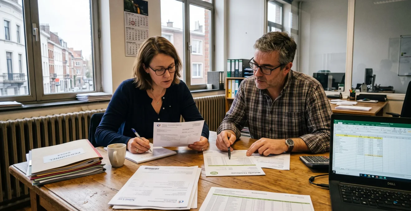 Une responsable RH et un collègue examinent des relevés de remboursement de mutuelle et des factures d'hospitalisation sur une table de réunion.