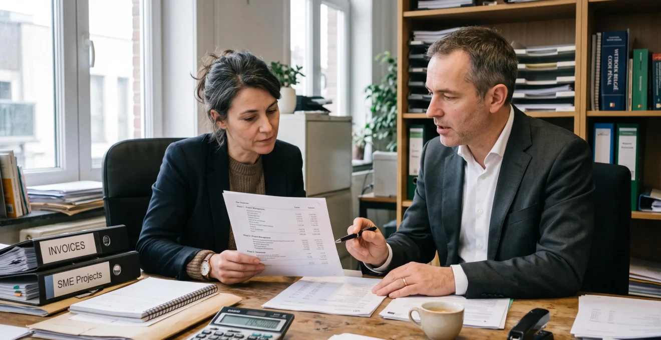 Une dirigeante de PME examine avec son avocat une estimation écrite détaillée des frais de procédure, répartis par postes et par phases.