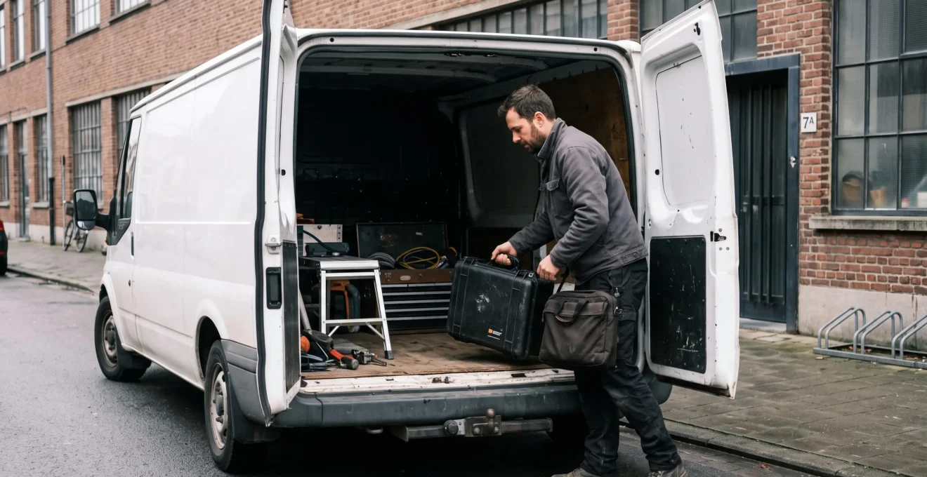 Un artisan chargeant une mallette d'équipement professionnel et un ordinateur portable dans une camionnette utilitaire garée devant un bâtiment commercial belge.