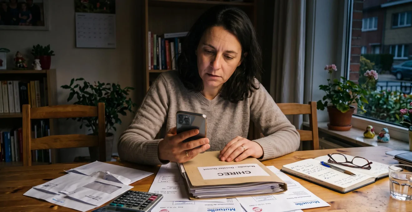 Une femme compare une facture d'hospitalisation et des relevés de remboursement de sa mutuelle avec une application sur son téléphone.
