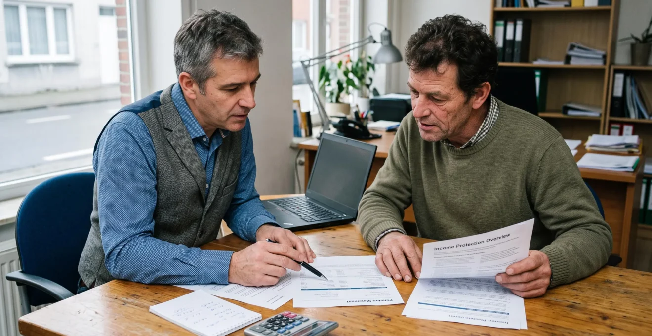 Un conseiller et un indépendant belge comparent des documents de prévoyance et de pension autour d'une table de bureau.