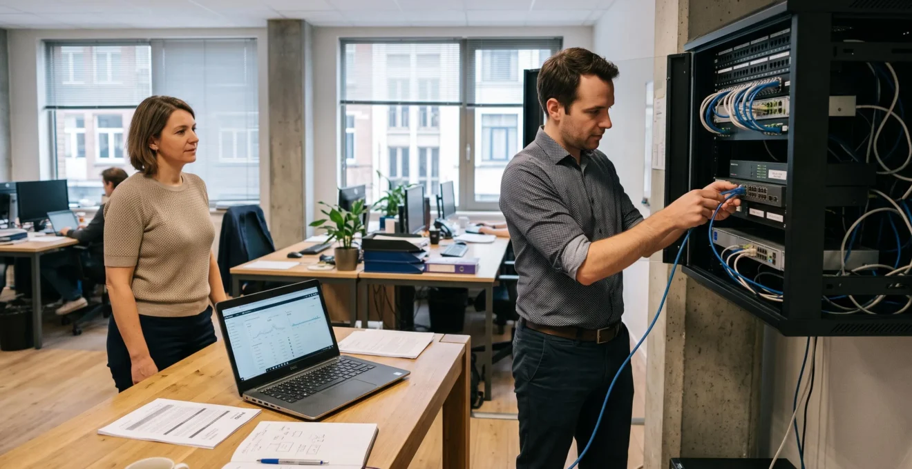 Un consultant informatique indépendant vérifie un équipement réseau dans les locaux d'un client belge, sous le regard d'un responsable.