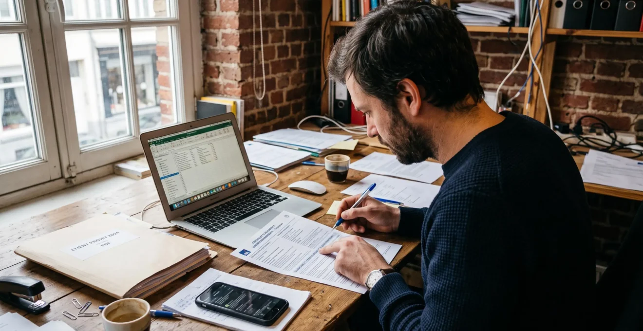 Un consultant indépendant vérifie une attestation d'assurance imprimée posée à côté de son ordinateur portable dans son bureau.