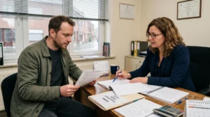 Un consultant indépendant et une courtière en assurance lisent ensemble une clause d'un contrat imprimé posé sur un bureau d'agence.