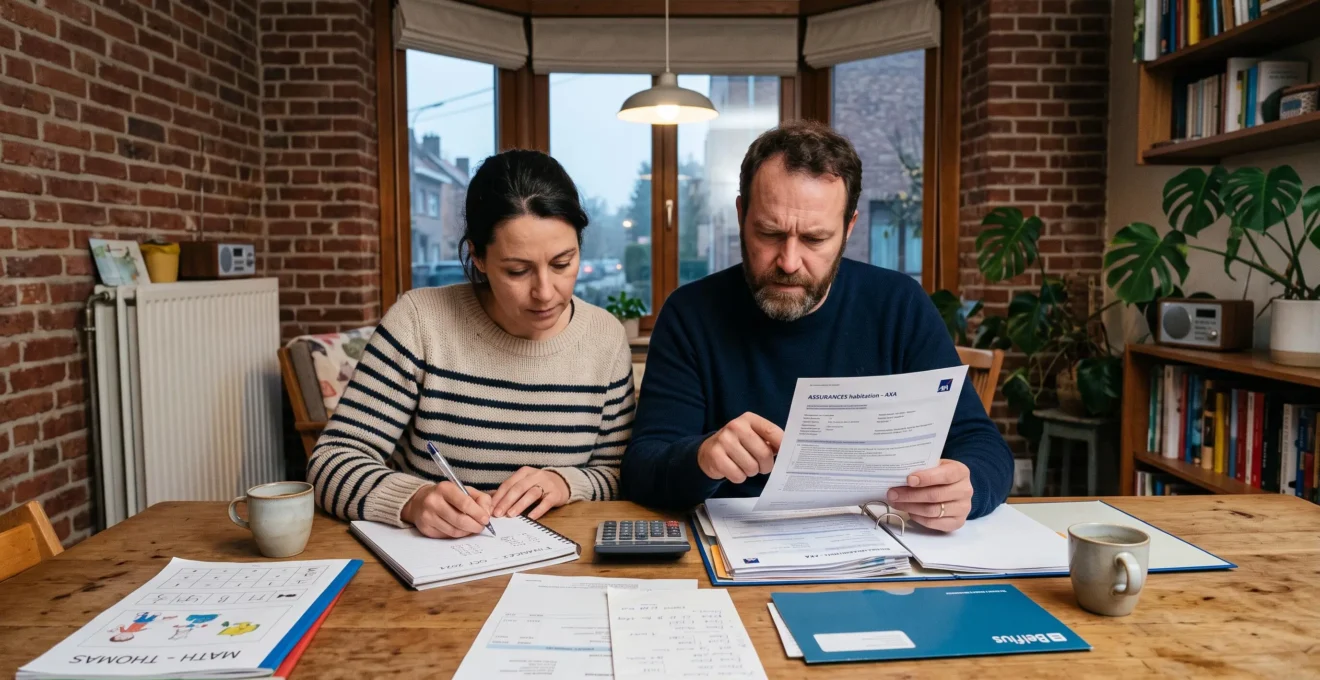 Un couple d'indépendants belges examine des documents d'assurance et note des chiffres à la table de leur cuisine, entouré de factures du ménage.