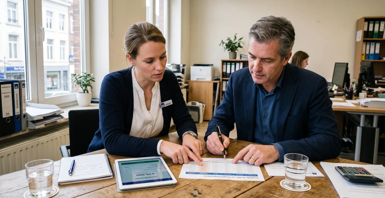 Un dirigeant d'entreprise et un conseiller bancaire comparent un tableau de remboursement de financement lors d'une réunion dans un bureau en Belgique.