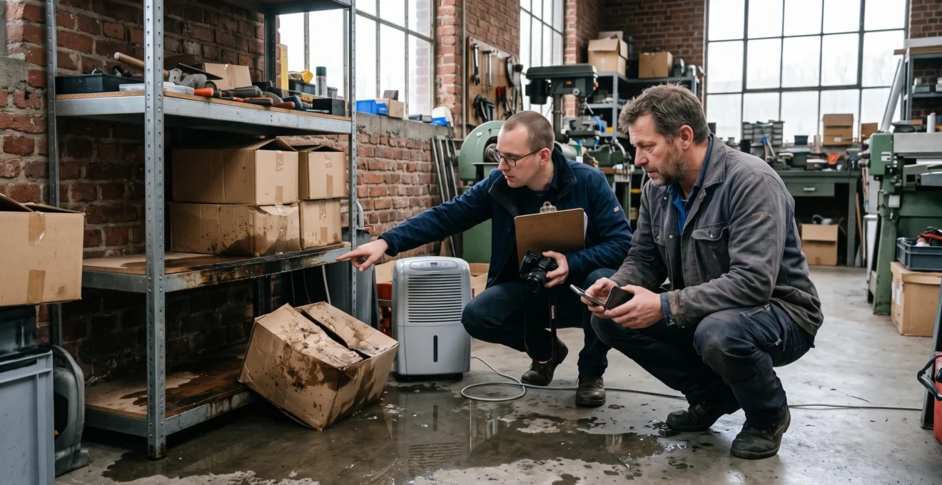 Un dirigeant de PME inspecte des dégâts des eaux sur un rayonnage de son atelier en compagnie d'un expert en assurance qui prend des notes.
