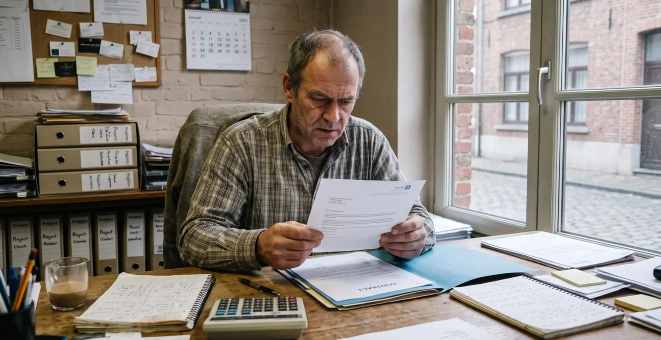 Un dirigeant de PME lit une lettre formelle à son bureau, entouré de dossiers de contrats et d'une calculatrice, dans une lumière de fin de journée.