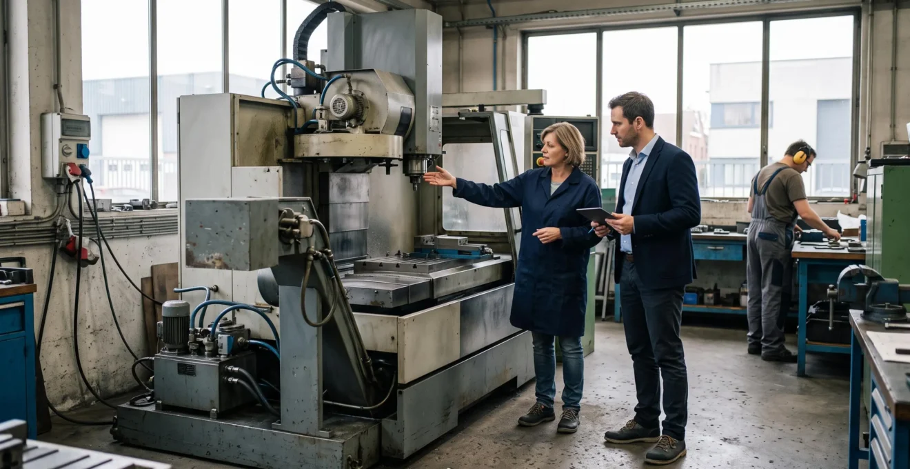 Une dirigeante de PME présente une machine industrielle à un conseiller bancaire lors d'une visite de son atelier en Belgique.