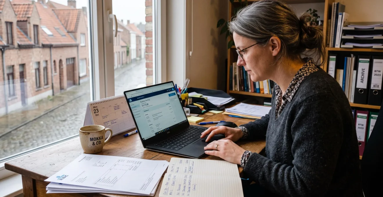 Une dirigeante d'entreprise vérifie son compte bancaire professionnel sur un ordinateur portable et note ses prévisions de trésorerie dans un carnet, entourée de factures clients.