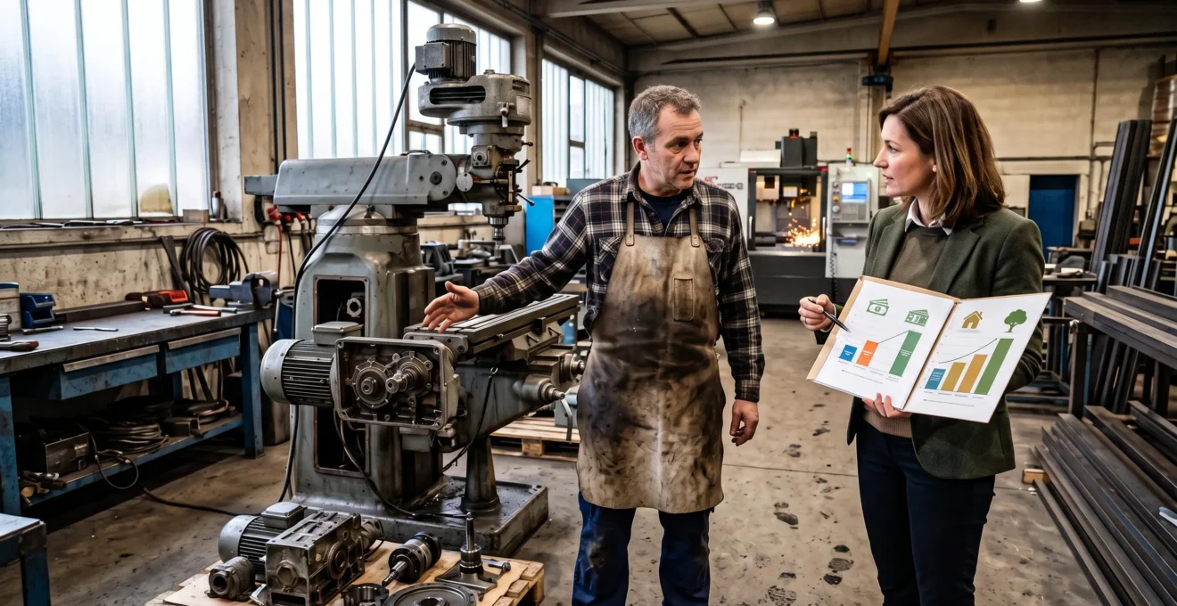 Un entrepreneur belge et un conseiller examinent le financement d'une nouvelle machine dans un atelier de production.