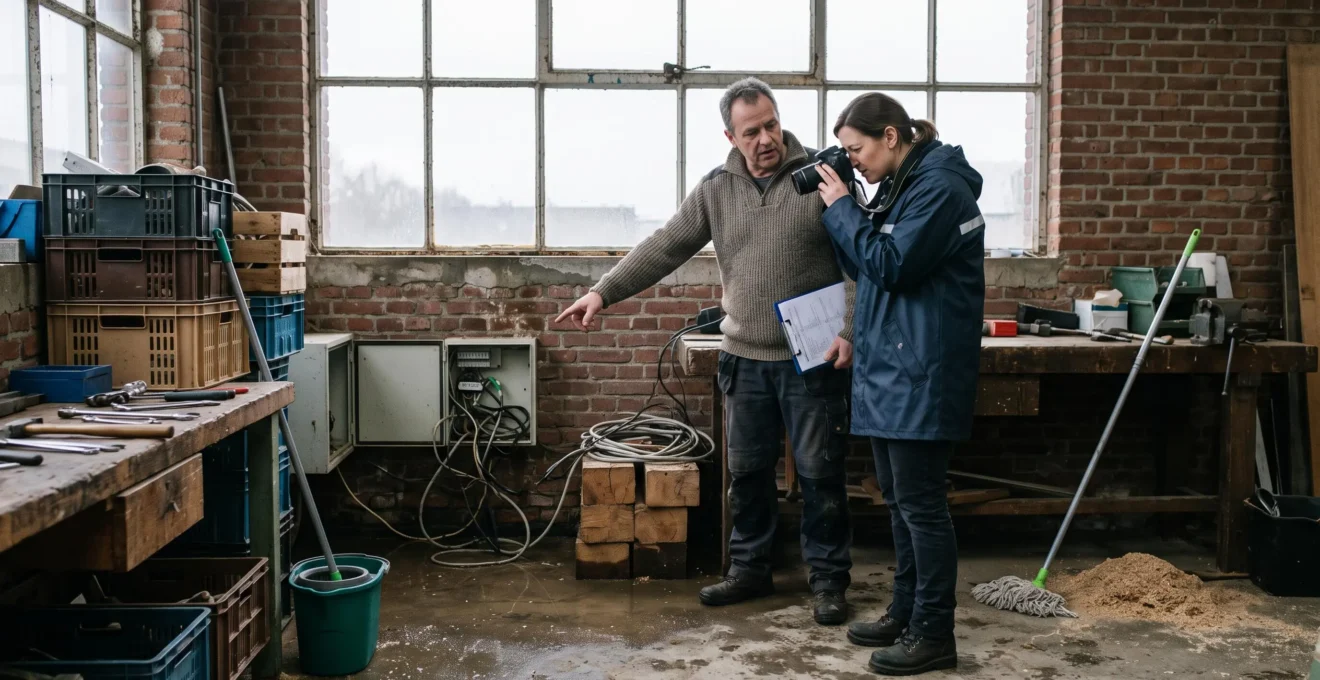 Un expert d'assurance photographie les dégâts d'eau dans un atelier belge pendant que le dirigeant lui montre une armoire électrique trempée