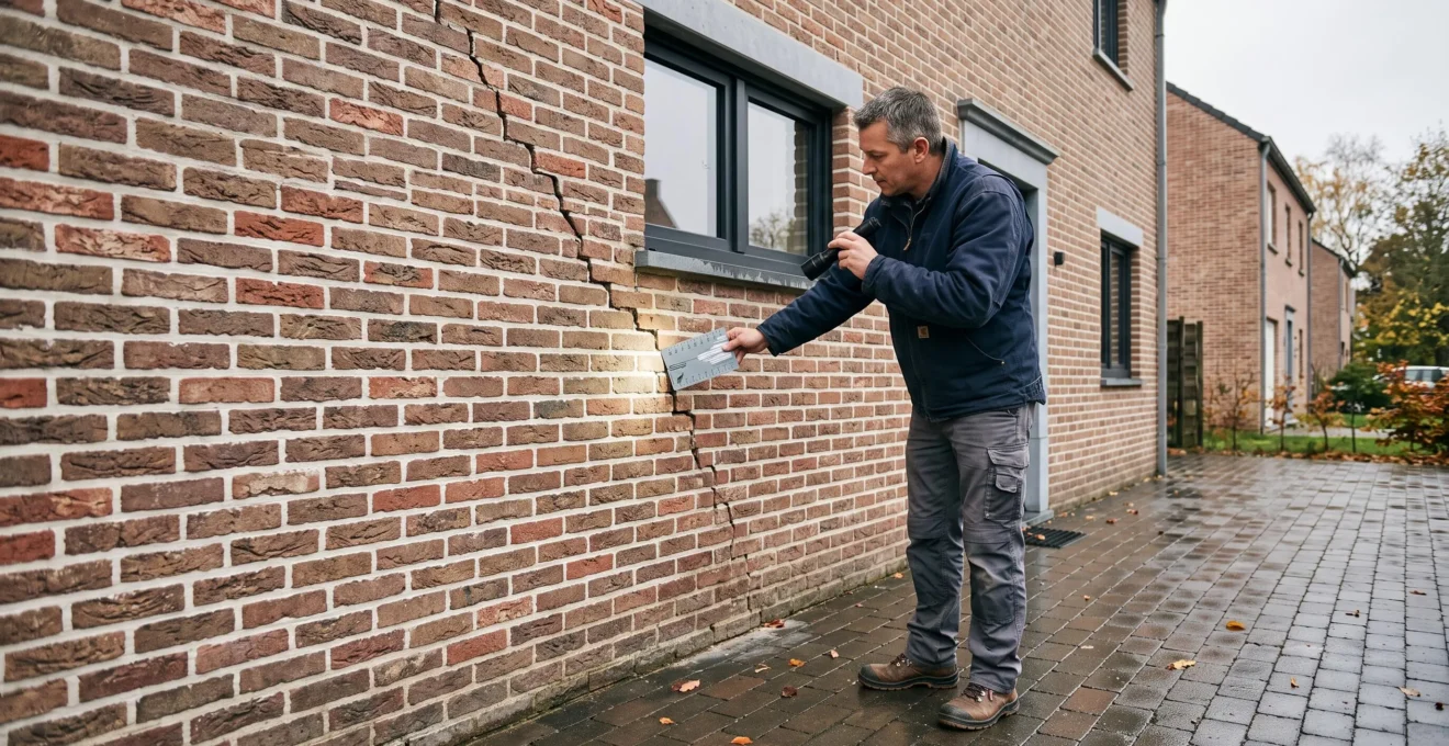 Un inspecteur examine une fissure diagonale sur la façade en briques d'une maison récente en Belgique à l'aide d'une jauge de mesure.