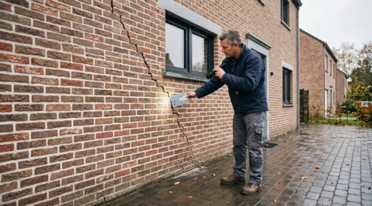 Un inspecteur examine une fissure diagonale sur la façade en briques d'une maison récente en Belgique à l'aide d'une jauge de mesure.