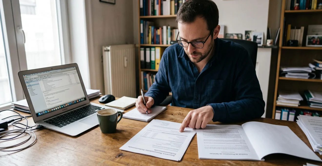 Un consultant indépendant compare à son bureau une attestation d'assurance avec les clauses d'un contrat client, dans son bureau à domicile.