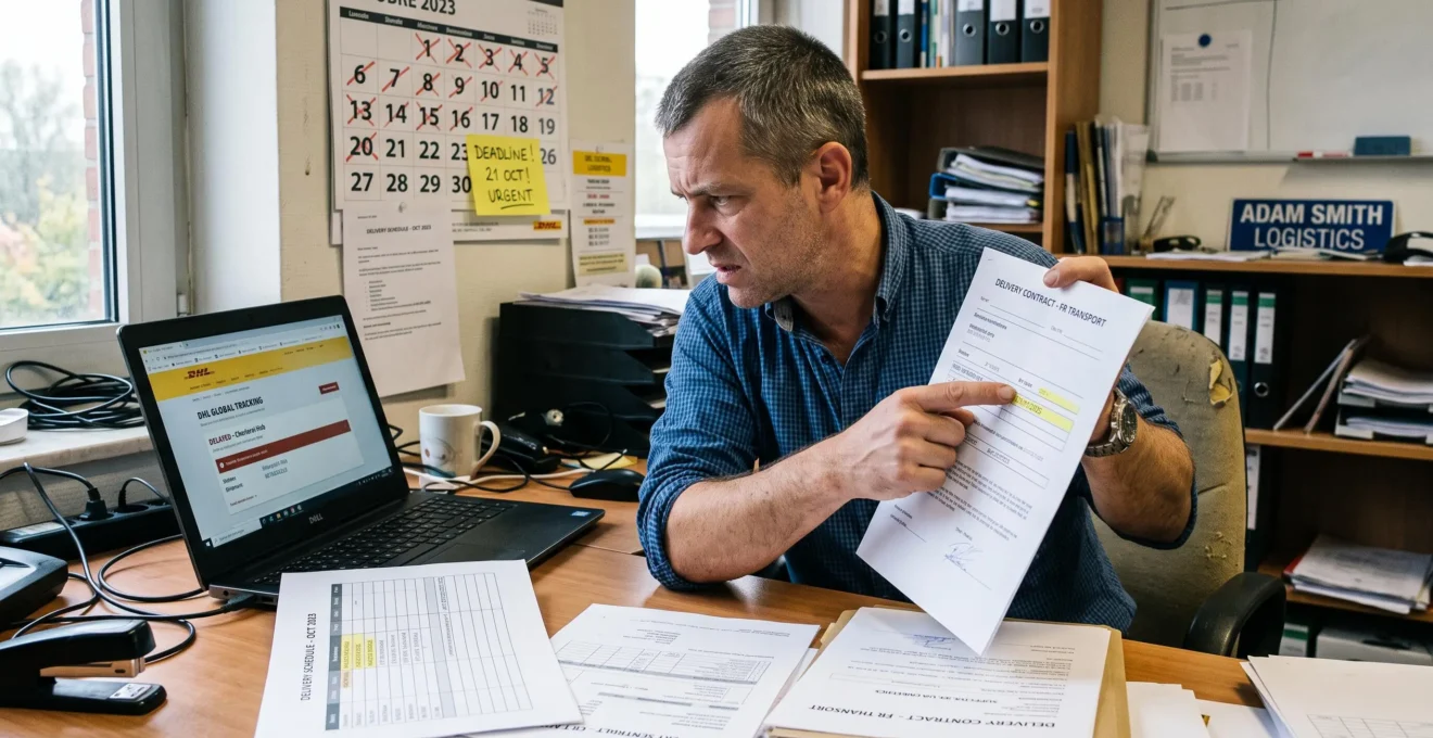 Un gestionnaire compare un contrat de livraison et un suivi de transport sur son bureau encombré, avec un calendrier marquant l'échéance derrière lui.