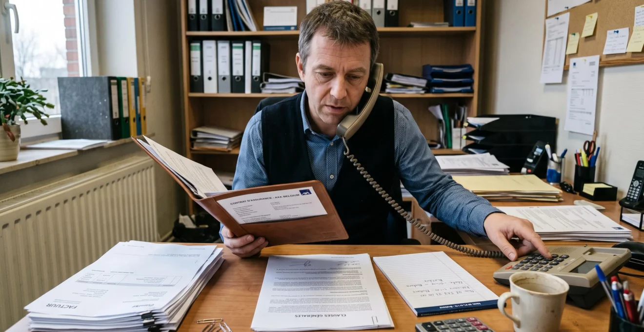 Un indépendant belge appelant son assureur au téléphone, un contrat de protection juridique ouvert sur son bureau envahi de factures et de notes.