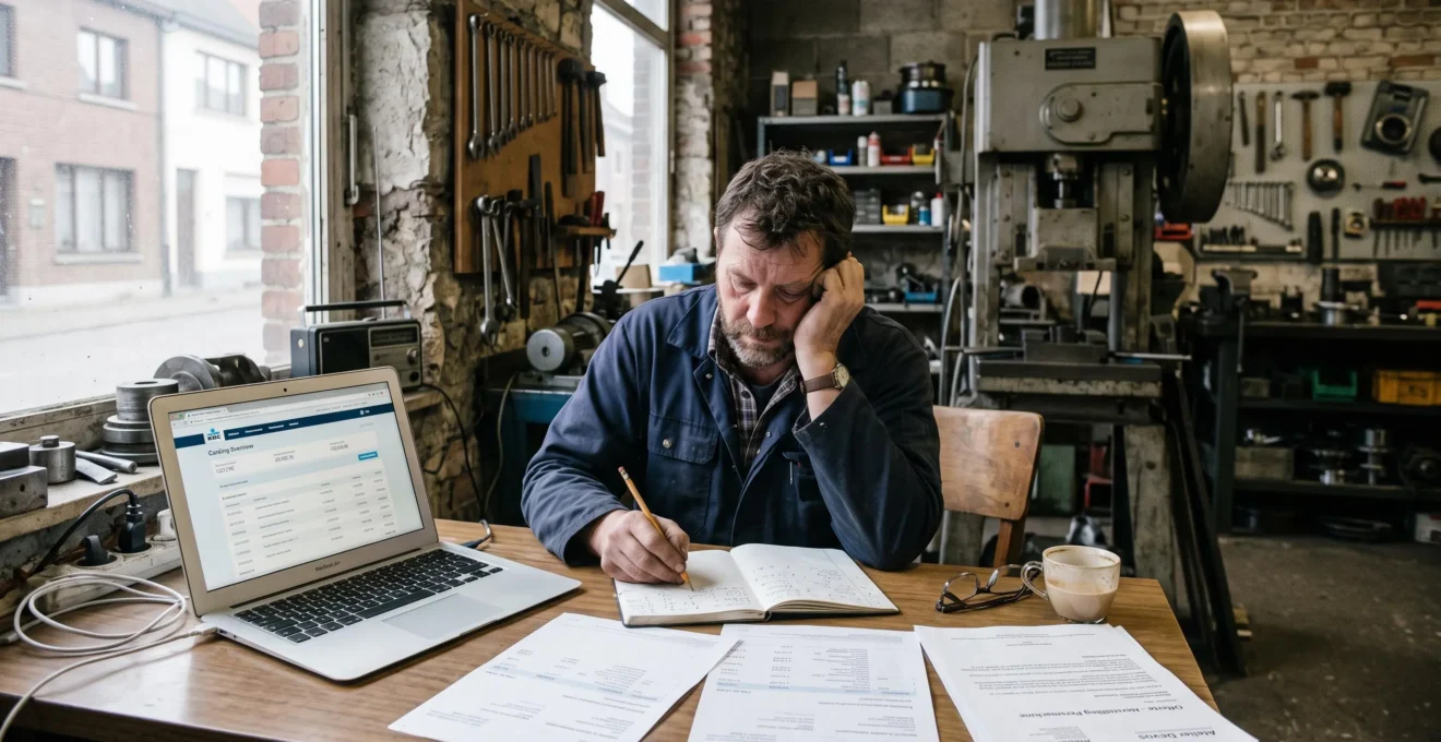 Un indépendant assis à son bureau dans son atelier compare des relevés bancaires et un devis de réparation tout en notant des chiffres dans un carnet.