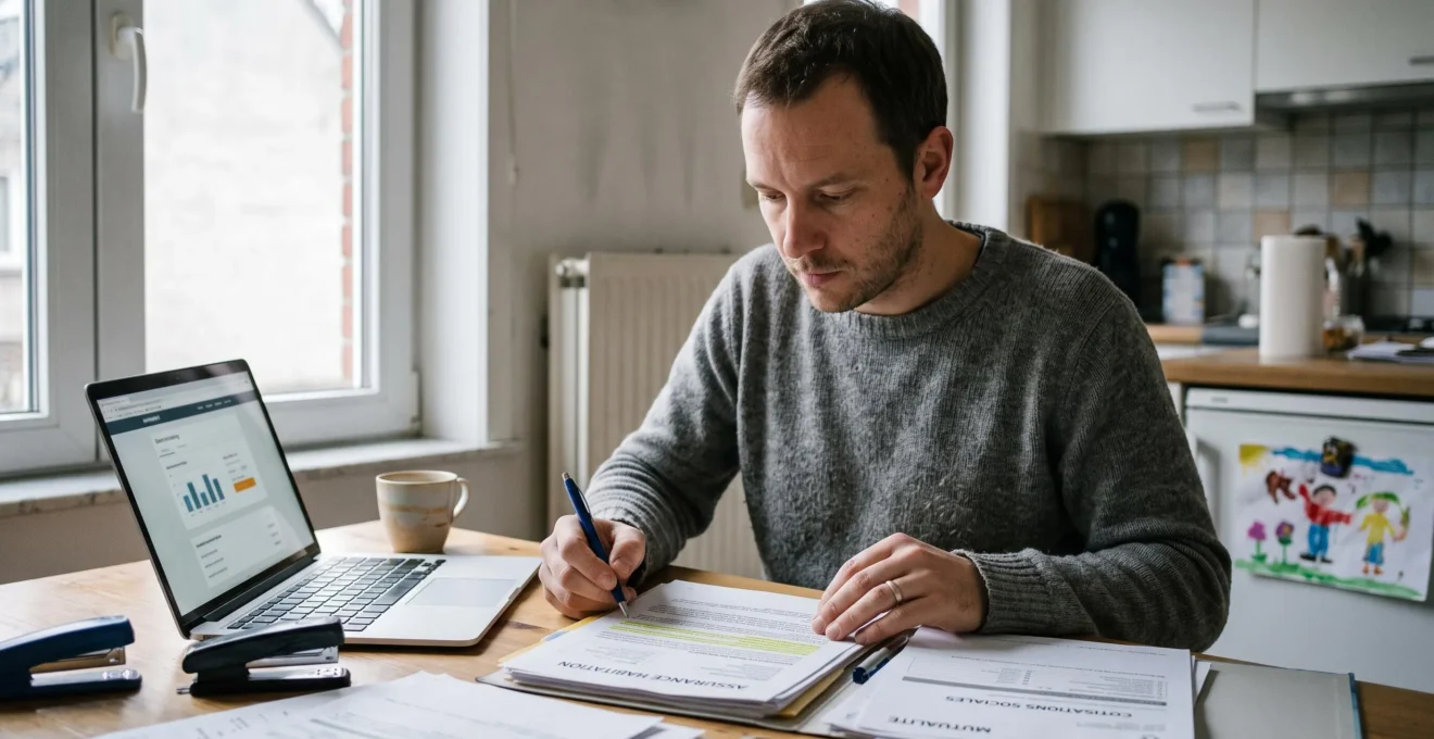 Un travailleur indépendant compare ses contrats d'assurance et ses documents de sécurité sociale à la table de sa cuisine