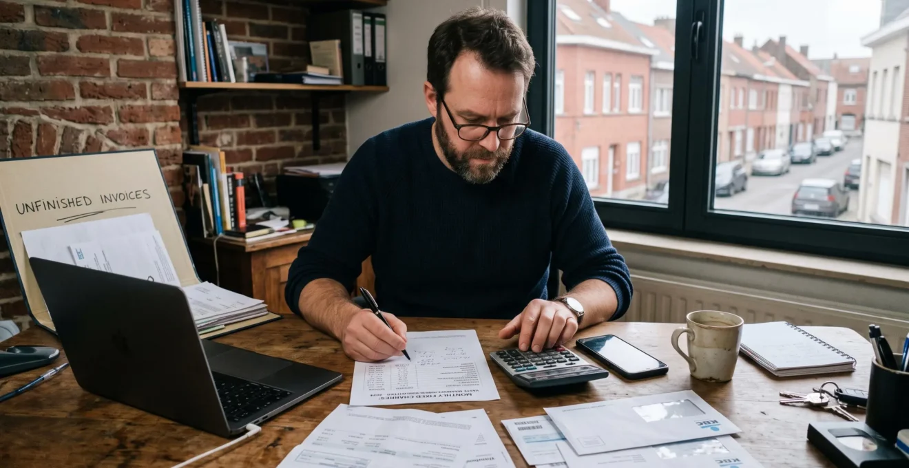 Un indépendant calcule ses charges fixes mensuelles avec une calculatrice sur son bureau, entouré de factures et de relevés bancaires.