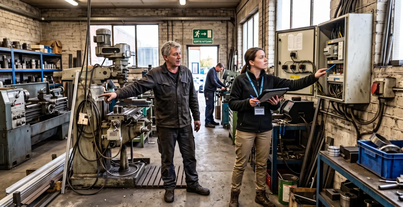 Un responsable d'entreprise accompagne un intervenant qui inspecte un tableau électrique et les équipements d'un atelier professionnel en Belgique.