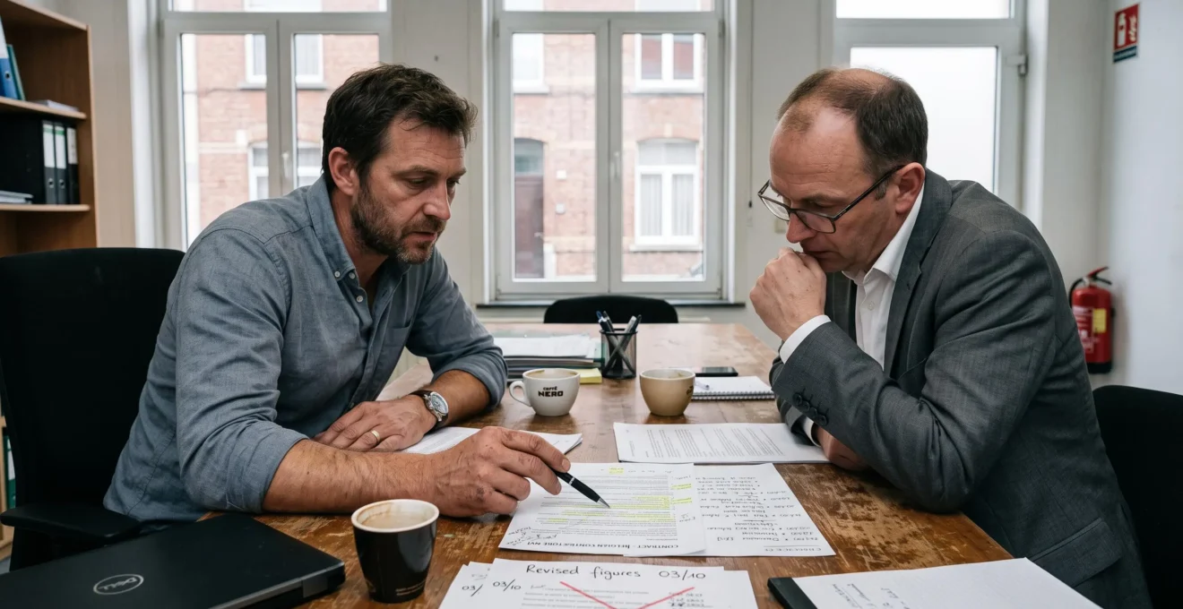 Un entrepreneur et son client négocient autour d'une table couverte de contrats et de documents annotés dans un bureau belge.