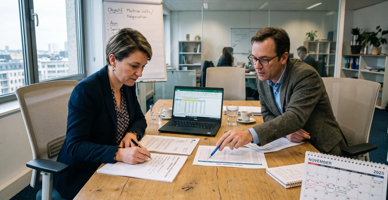 Une responsable RH et un courtier examinent ensemble un document de renouvellement tarifaire d'une mutuelle d'entreprise lors d'une réunion de négociation.