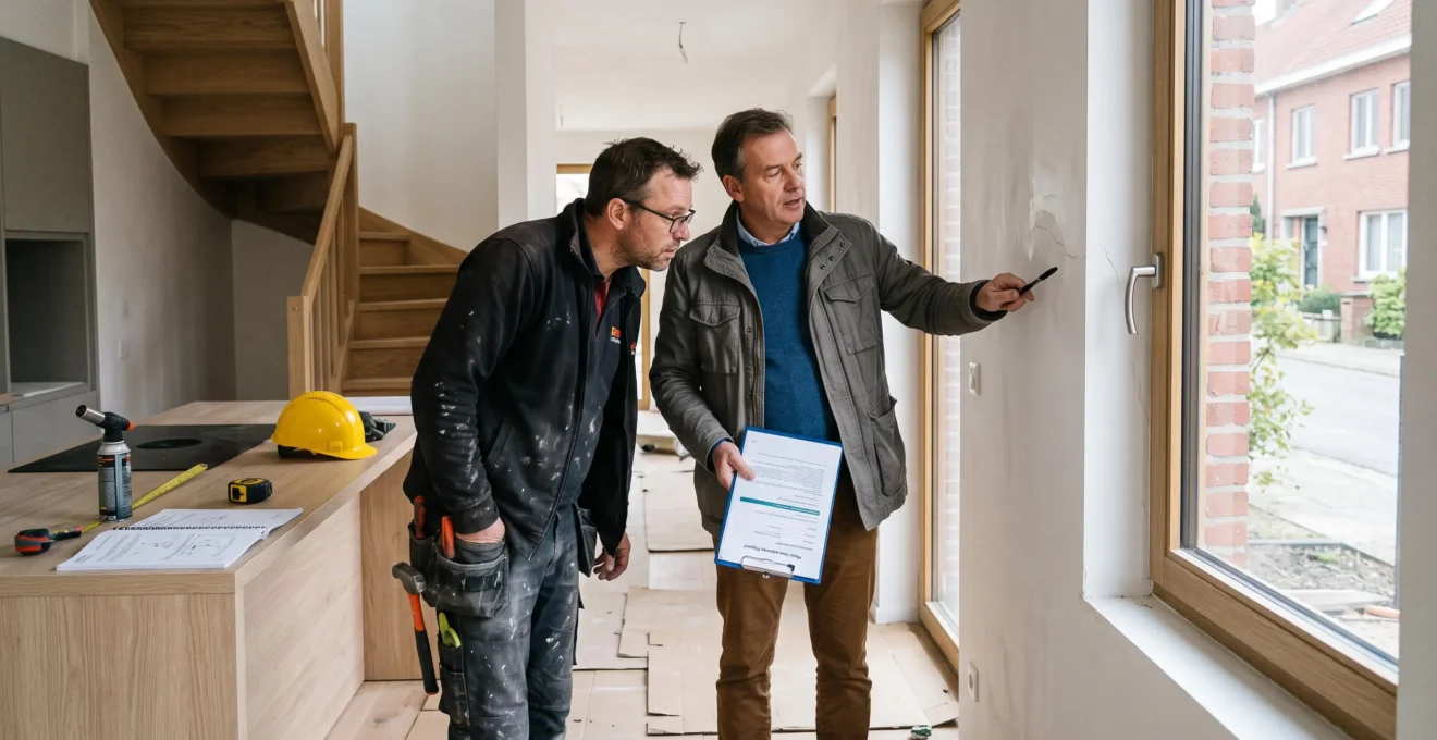 Un propriétaire et un entrepreneur examinent un défaut sur un mur fraîchement repeint lors de la réception des travaux d'une maison en Belgique.