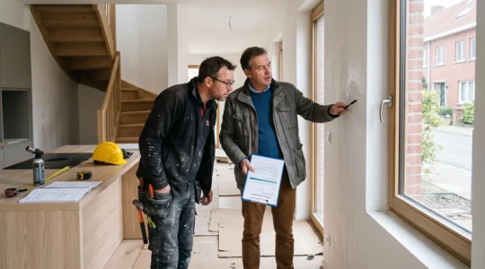 Un propriétaire et un entrepreneur examinent un défaut sur un mur fraîchement repeint lors de la réception des travaux d'une maison en Belgique.