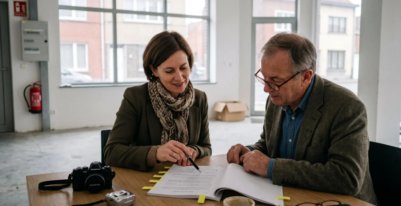 Une locataire et un propriétaire examinent ensemble une clause d'un bail commercial dans des locaux professionnels en Belgique.