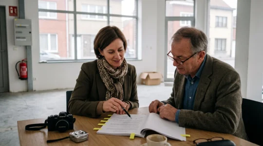 Une locataire et un propriétaire examinent ensemble une clause d'un bail commercial dans des locaux professionnels en Belgique.