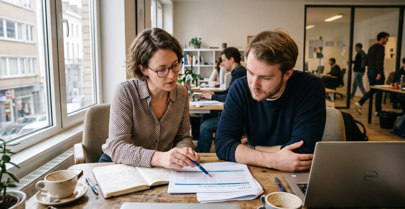 Une responsable RH et une salariée examinent ensemble un document présentant la couverture santé collective dans un bureau belge.