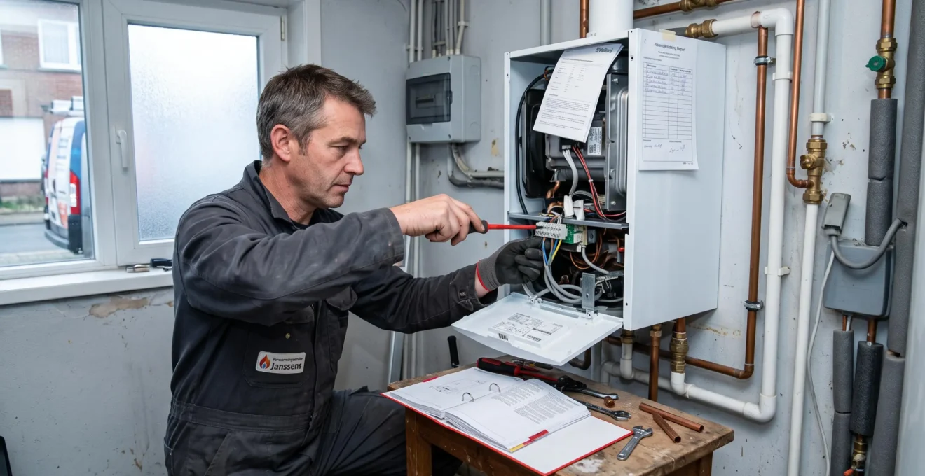 Un technicien de chauffage inspecte l'intérieur d'une chaudière récemment installée dans un local technique résidentiel.
