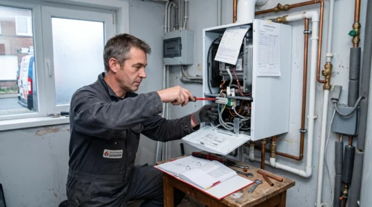 Un technicien de chauffage inspecte l'intérieur d'une chaudière récemment installée dans un local technique résidentiel.